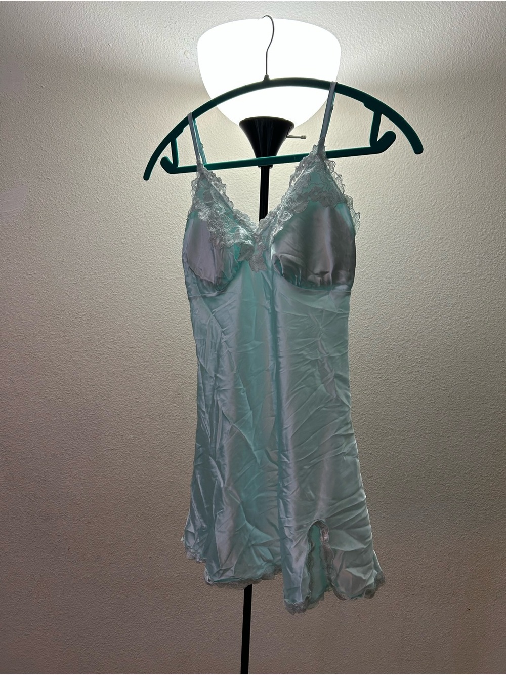 RACHEL Rachel Roy Light Aqua Satin Lace-Trim Chemise
